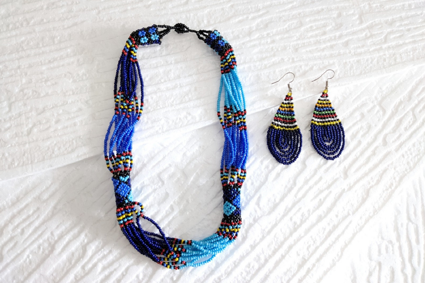 Massai Schmuck Set Blau - Perlenkette & Ohrringe 